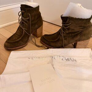 100% Authentic Stuart Weitzman Olive Green Suede Moccasin Heeled Booties 8.5